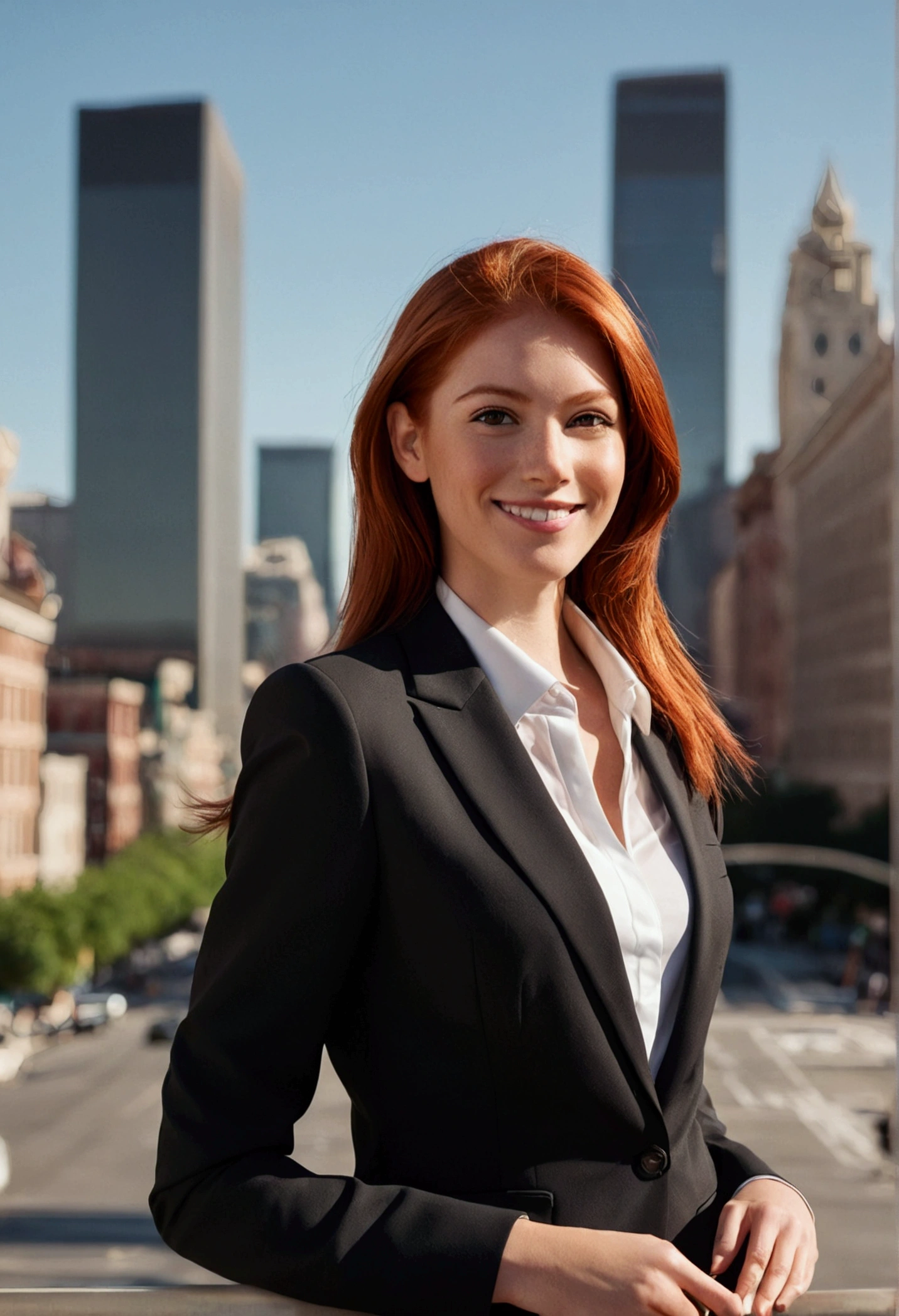 stilo pixar, parade ,natural portrait,Brown eyes, stunning,skin fair,straight red hair,business woman,formal black suit,beautiful  face,Delicate features,charmer smile,confident posture,Illuminated by the soft light of day,city skyline background,Shadows holding clothes