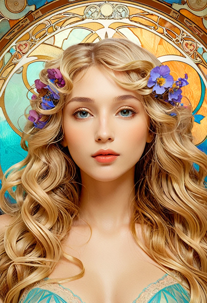 European woman face portrait, Long Curly Hair, blonde, Floral frame, Decorative panel, Abstract art, Alphonse Mucha (masterpiece, Highest quality, High resolution: 1.4), detailed, 複雑なdetailed, 4K, Color Splash, Line art, Fibonacci, In underwear