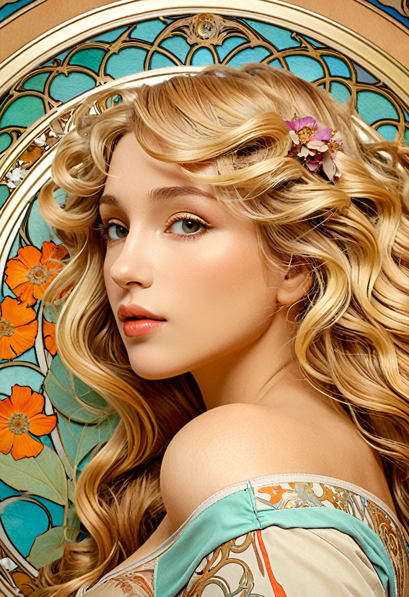 European woman face portrait, Long Curly Hair, blonde, Floral frame, Decorative panel, Abstract art, Alphonse Mucha (masterpiece, Highest quality, High resolution: 1.4), detailed, 複雑なdetailed, 4K, Color Splash, Line art, Fibonacci, In underwear