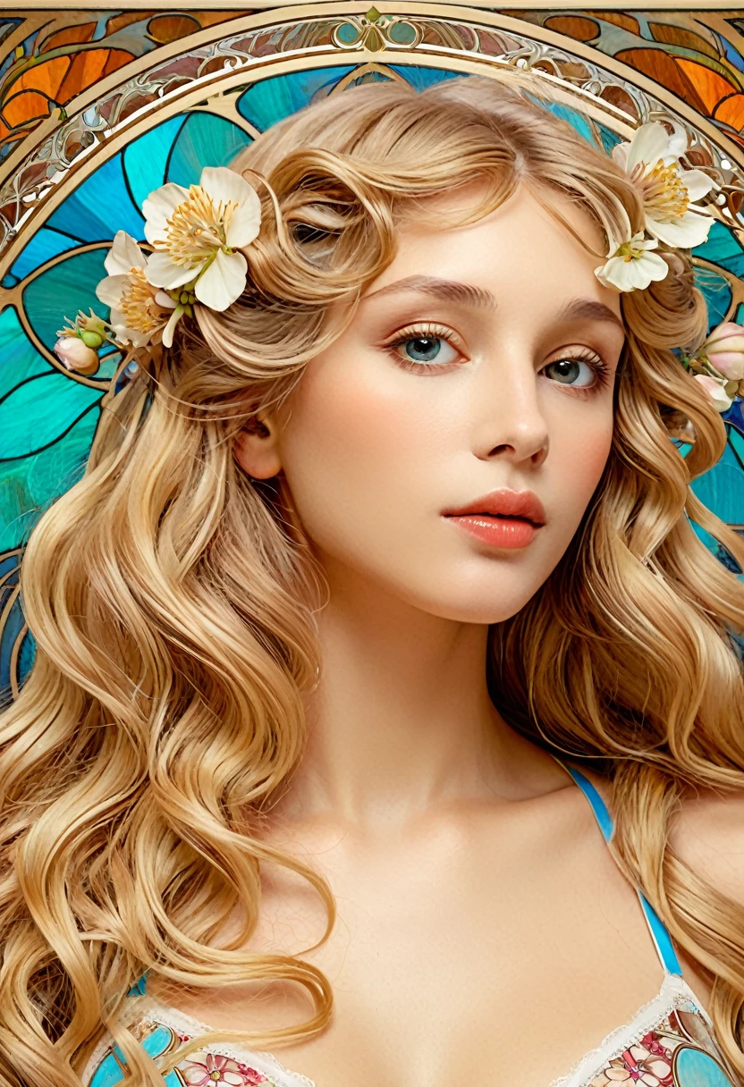 European woman face portrait, Long Curly Hair, blonde, Floral frame, Decorative panel, Abstract art, Alphonse Mucha (masterpiece, Highest quality, High resolution: 1.4), detailed, 複雑なdetailed, 4K, Color Splash, Line art, Fibonacci, In underwear