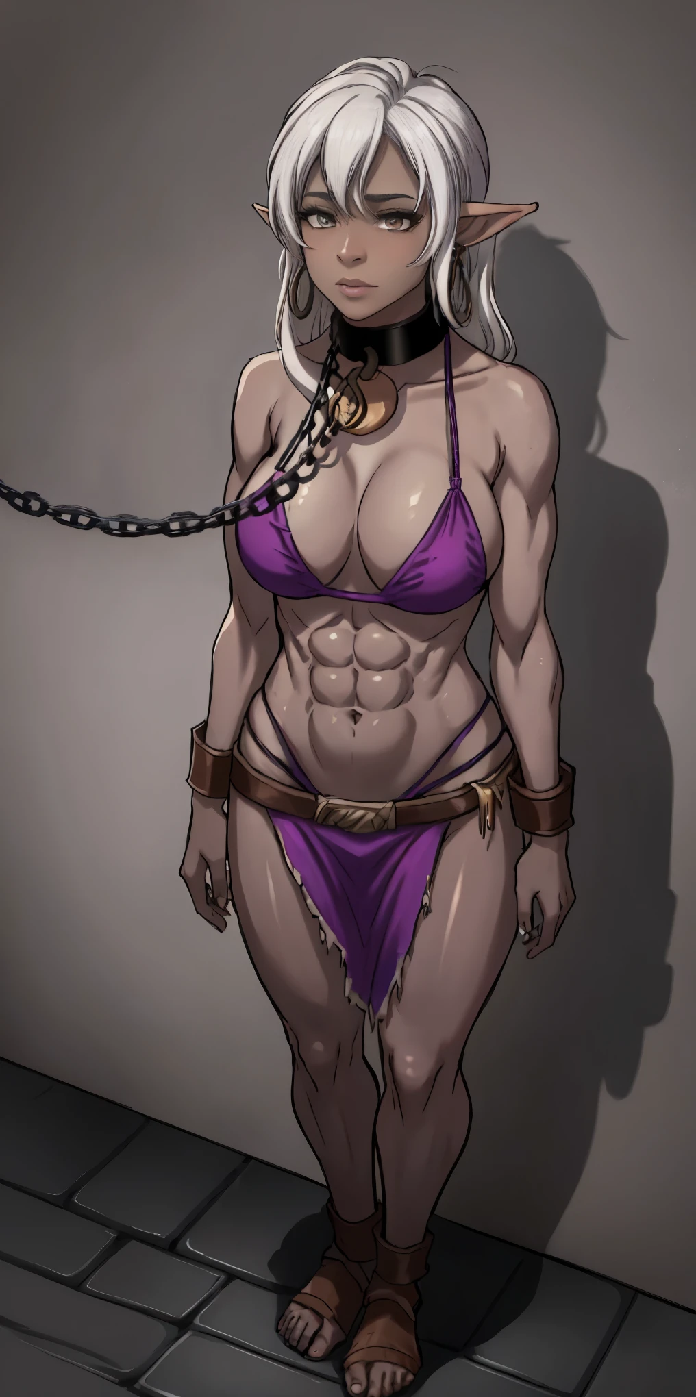 Appearance
Gender: Female
Age: Mature
Race: Drow (elf with dark skin and white hair)
Height: Full-body
Skin: Gray
Background: Plain Gray
Eyes: Purple
Attire: Bikini, revealing abdominal muscles
Accessories: Large earrings, ragged rags, chain necklace, leather collar choker neck bell 🔔