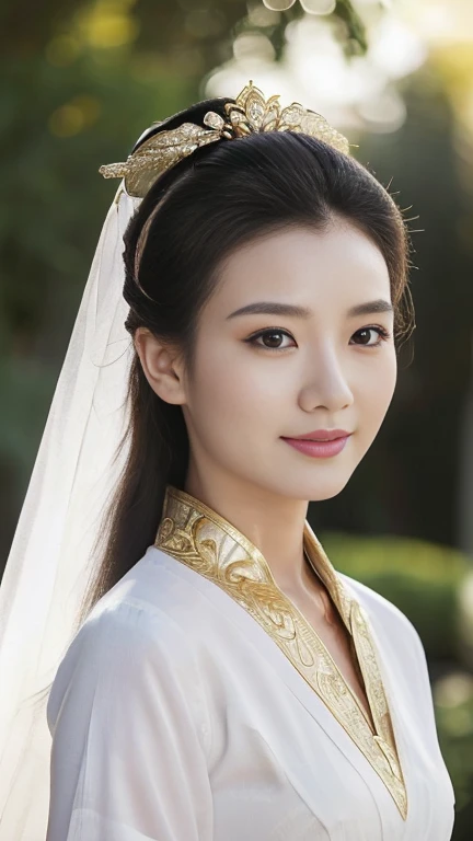 Front view,  standing pose, Chinese girl, 21 century, looking at viewer, beautiful Chinese  Young General, 26 years old, (Highly detailed face, Ordinary eyes,  Tapered eyebrows, Brown  eye, Variegated eyes, Fuller lips, little Lips, smile),(gold earning, white pearl neck less, lady's watch ),in palace Garden, sunset ,(masterpiece, Highest quality, masterpiece, God-like quality, Godly art, , Very realistic)