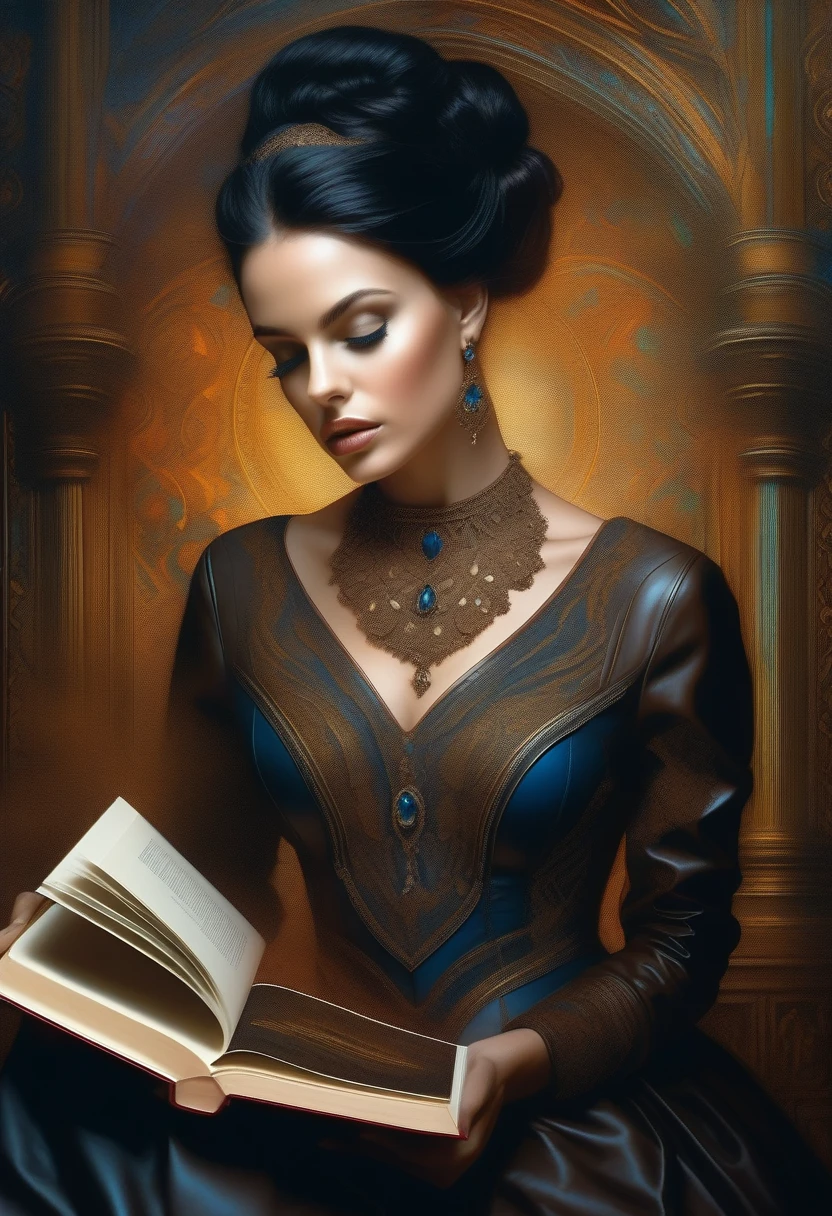young female rouge of portraits, perfect balance of form and function, tighting fitting leather clothing, watching brown gaze eyes, black hair tied in messy bun, holding book and ornate dagger, fantasy of picture frame, RGB lighting dances across the sleek lines and intricate components, (((intricate detail matte paint of super illustration:1.3))), creating visual masterpiece will take breath away, fine detail brush stroke of pencil, Get ready to be amazed coloring, stunning fine details and delicate mesmerizing renderings, very own custom designed, tonal contrast, natural lighting, occultism cinematic still like, inside the temple of detail dark fantasy, correct and punctuality brush stroke, highly quality, accurate and polite crossover layer, oil paint coloring, gel ink coloring, grunge, gouache coloring,