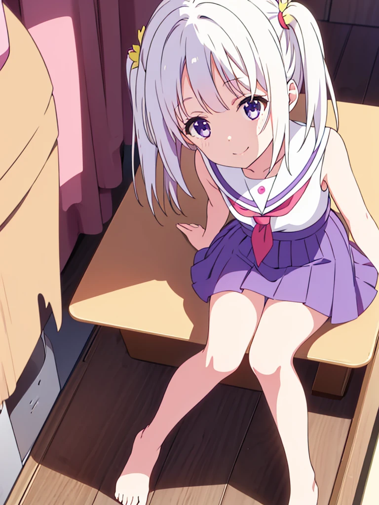 Elementary school girl, 8 years old, A cup breasts, white hair, long hair, purple eyes, smiling face（one person） Pink sleeveless top　Black mini skirt and white panties（（I can see her panties）） Barefoot Girls Room　Sitting on the floor　Dynamic angle Low angle nekomimi