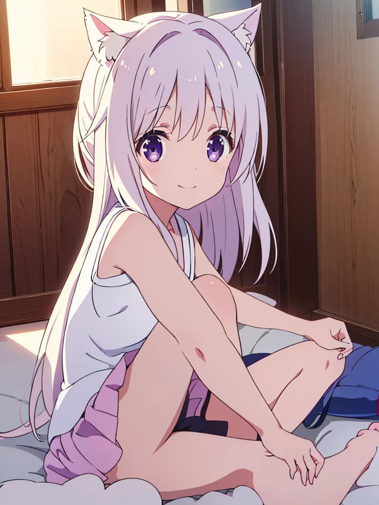 , 8 years old, A cup breas hair, long hair, purple eyes, smiling face（one person） Pink sleeveless top　Black mini skirt and white panties（（I can see her panties）） Barefoot Girls Room　Sitting on the floor　Dynamic angle Low angle nekomimi