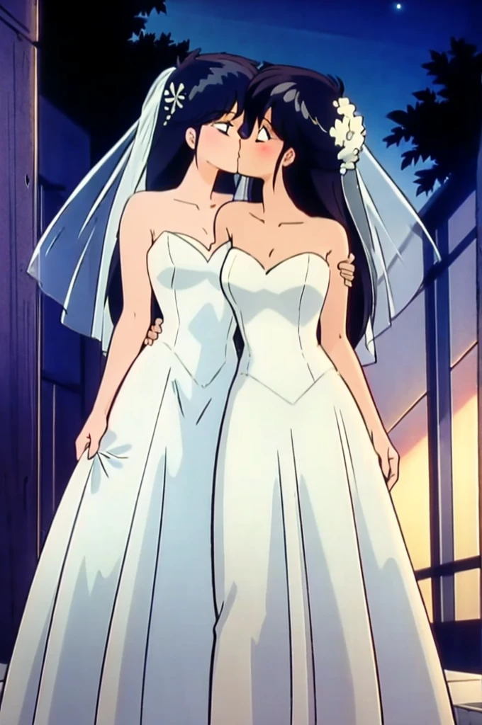 (Highest quality, High resolution, masterpiece:1.2,), figure, night, One girl, whole body, (Wedding dress), Put your arms behind your back, Wait for a kiss, View your viewers, Happy, blush,