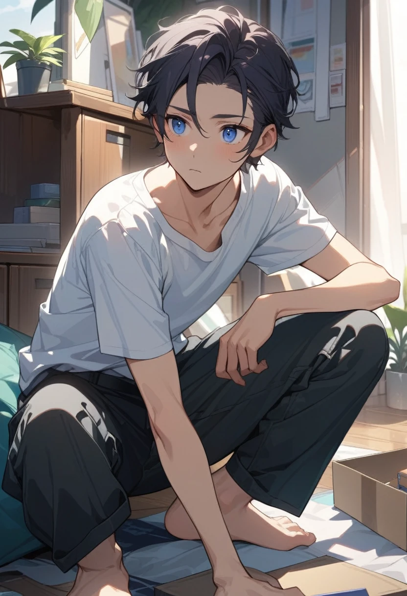 masterpiece, best quality, extremely detailed, ultra detailed, flat anime, 2D, ((1boy)),black hair, (short hair:1.5),blue eyes, height 1.7meters, (circle eyes:1.2), (young adult:1.2), Ear-length sideburns, long Sleeves, White T-shirt, barefoot, ((short sleeves)), ((long pants)), squatting, open mouth, summer, 12AM, livingroom,organizing the boxes., ((portrait)),full body,expressionless