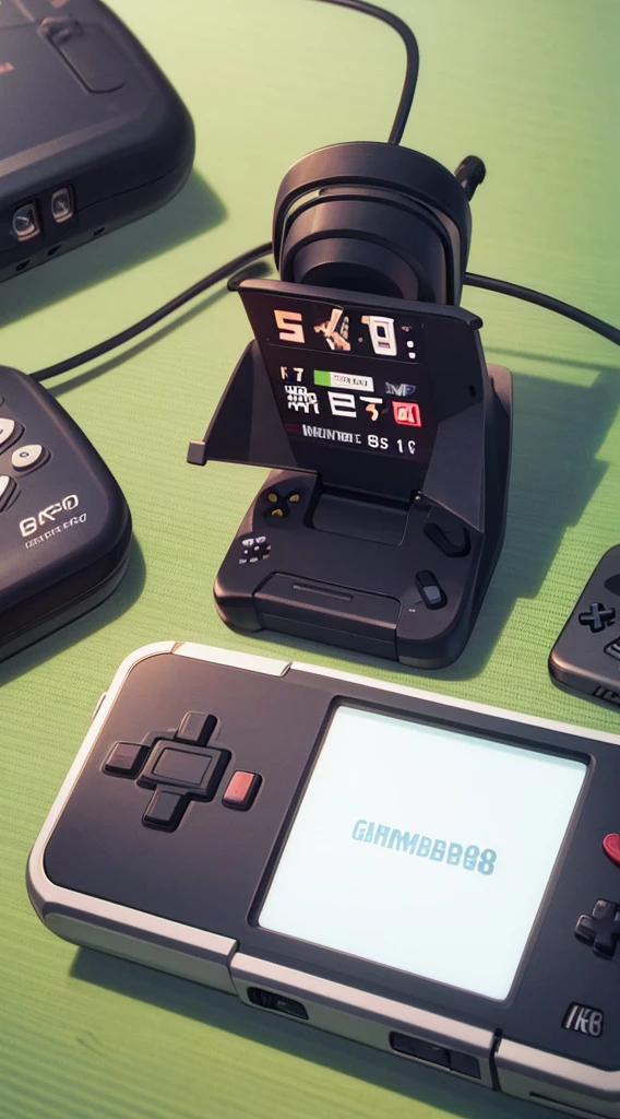 Top Quality, 8K, 4K, High Definition, Detail, (better-quality, 8K, 12), top-quality, design, gamboy, Japanese words around the gameboy, black background, video game controllor