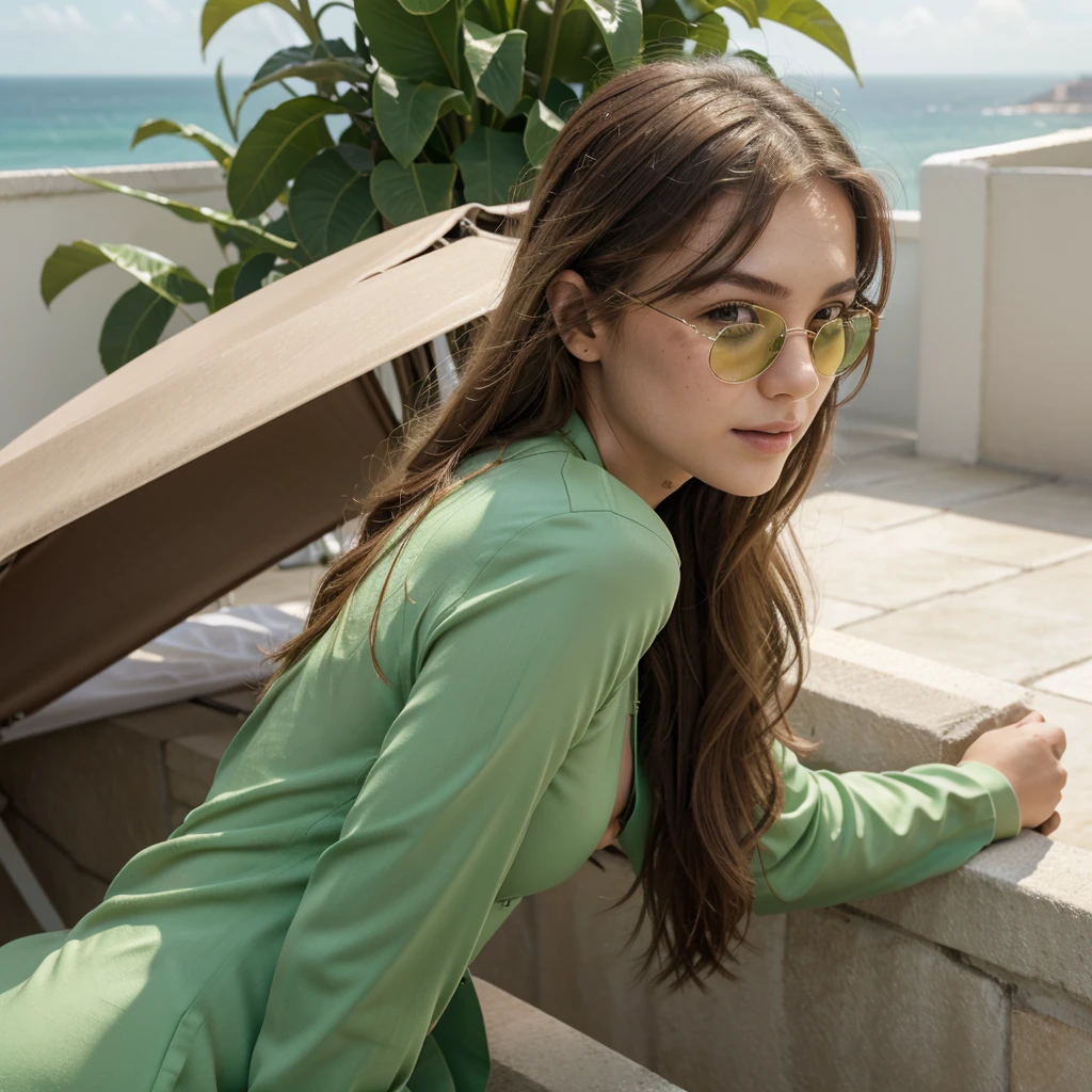 Create a very realistic and beautiful model with the following detailed features: Gender: Female, Age: Young adult (approximately 20-25 years old), Hair: Long, wavy and reddish with a natural shine, gently cascading around the shoulders and back back. . . . . . . . . . . . , Eyes: Bright green with a captivating, slightly almond-shaped look, detailed with natural highlights, Skin: Fair complexion with a light texture, including natural freckles on the nose and cheeks, giving a youthful and vibrant appearance: Fair complexion with a light texture, including natural freckles on the nose and cheeks, giving a youthful and lively appearance, Face: with a smooth and natural contour, soft and full lips with a slight pinkish tint and a slightly delicate upturned nose, Expression : a gentle face, with a touch of mischief, which conveys warmth and approachability, Clothing: in a green suit and sunglasses standing on a bridge, wearing a pink suit, a green suit, a green outfit, a green suit and glasses , a green futuristic suit, a green silky outfit, fashionable green clothes, a Girl in a suit, wear green clothes, Girl in a suit, Smooth green tight-fitting suit, wear an elegant outfit, haute couture chic, All green, Background : the model is on an elegant flowered terrace, beginning on an open roof, end of sunny day, sea view in the background.
Pose: relaxed and confident posture, beginning on an open-air rooftop, end of sunny day, sea view in the background. aesthetic, Unsplash, Neoclassicism, Complex background, Best quality, hyper detailed, Gratty Sita, 64K, Light design