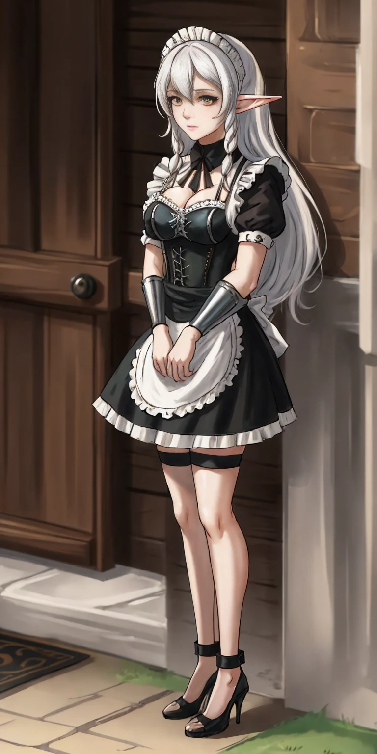 female, standing, right, long_hair, disordered_hair, white_hair, maid in armor, metallic high heels, drow elf