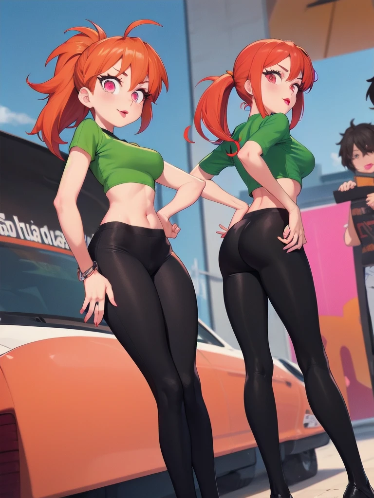  wide hips, thighs, Vicky, ponytail, lipstick, midriff, 1girl, green crop top, pink eyes, black pants, orange hair. solo girl