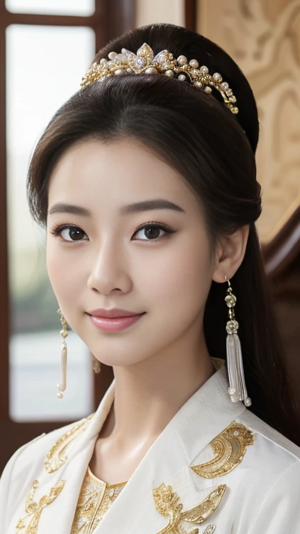 Front view,  standing pose, Chinese girl, 21 century, looking at viewer, beautiful Chinese  Young General, 26 years old, (Highly detailed face, Ordinary eyes,  Tapered eyebrows, Brown  eye, Variegated eyes, Fuller lips, little Lips, smile),(gold earning, white pearl neck less, lady's watch ),in palace Garden, sunset ,(masterpiece, Highest quality, masterpiece, God-like quality, Godly art, , Very realistic)