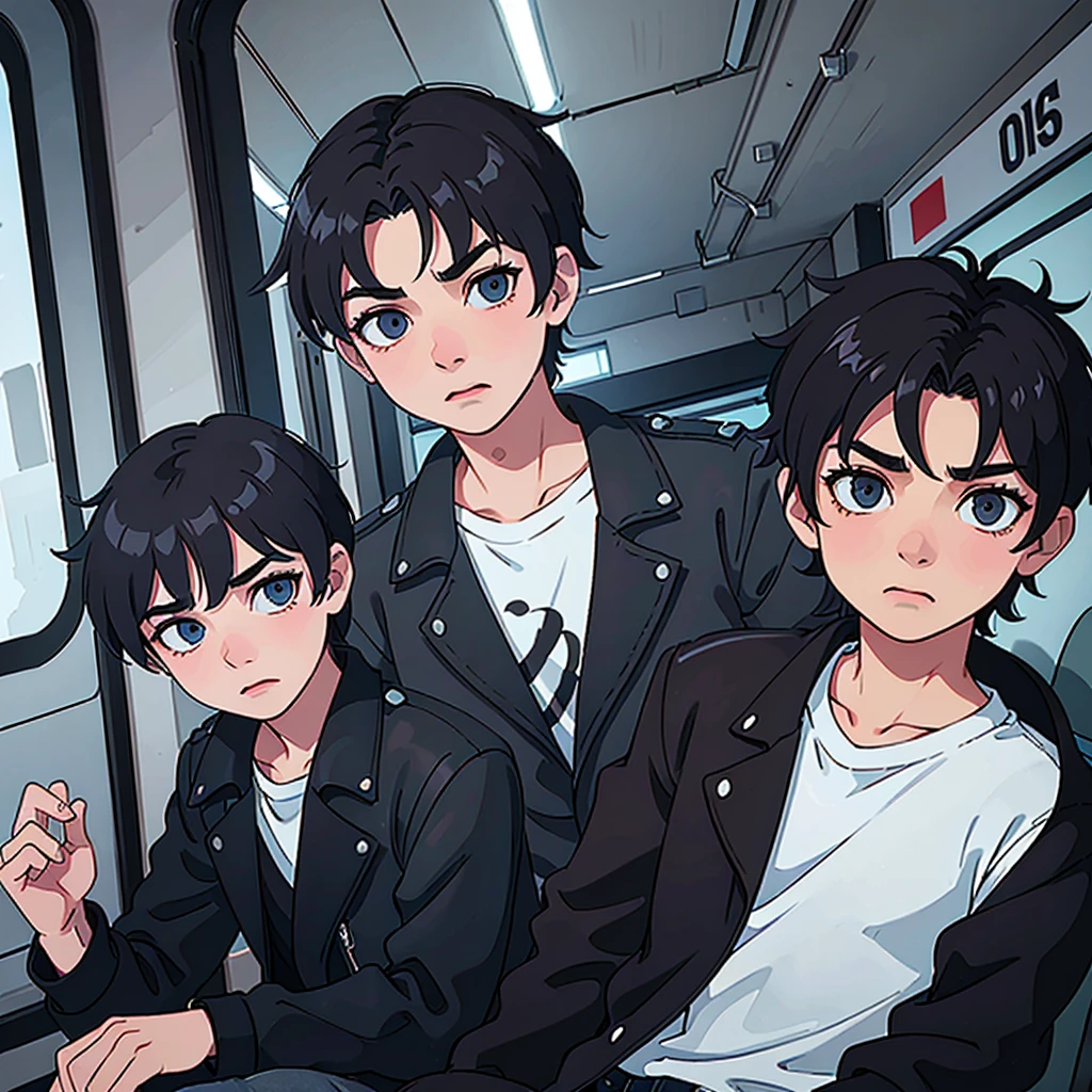 
A 19-year-old boy with black hair and blue eyes is sitting on a moving train. He wears a black leather jacket, a white shirt and cargo pants. The train window shows a gray city whizzing by. Create an image focusing on the boy's face, conveying a feeling of melancholy.
