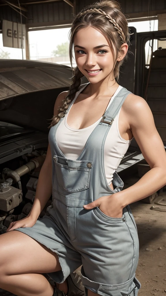 A sexy girl with huge tits wearing an overalls, dirty, mechanic, angry, annoy