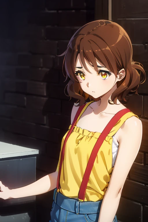 oumae kumiko oumaekumiko (amber eyes:1.7), ((short wavy brown hair ), (flat chest:1.2),stretching, arms raised up, waking up to a beautiful Tokyo nightscape, BREAK collarbone, wearing Misty's outfit ((yellow cropped shirt, red suspenders and denim pants)), bare arms, bare shoulders, bare legs, twenty-year old woman BREAK looking at viewer, BREAK outdoors, standing on a building watching the city at night, BREAK (masterpiece:1.2), best quality, high resolution, unity 8k wallpaper, (illustration:0.8), (beautiful detailed eyes:1.6), extremely detailed face, perfect lighting, extremely detailed CG, (perfect hands, perfect anatomy), full body shot