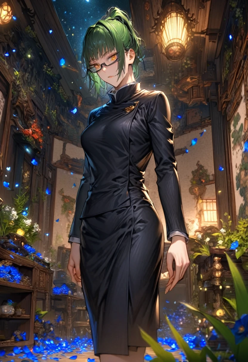 absurdres, highres, ultra detailed, HDR, master piece, Zenin Maki, expressive yellow eyes, green hair, black glasses, Jujutsu Kaisen, woman, room, extremely beautiful, best quality, flowers, fantasy, magical, solo, blue shining fireflies, blue petals, black clothes,