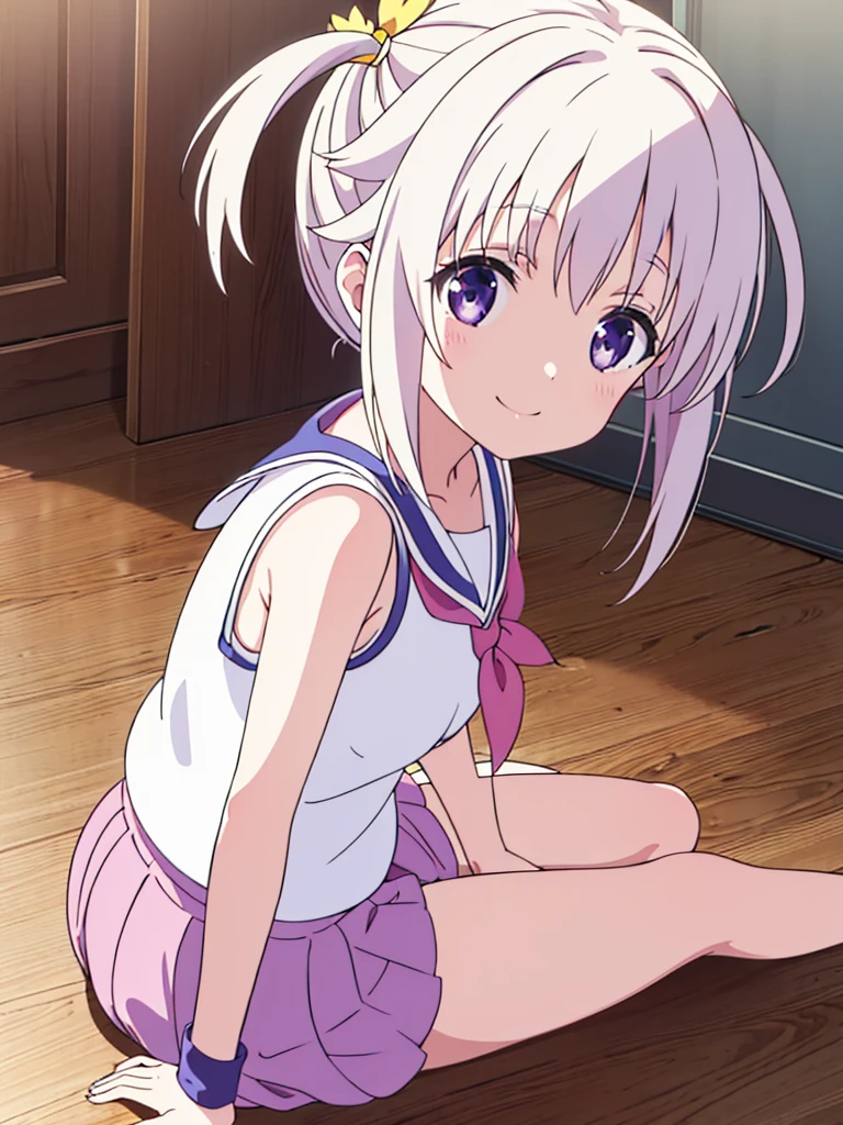 Elementary school girl, 8 years old, A cup breasts, white hair, long hair, purple eyes, smiling face（one person） Pink sleeveless top　Black mini skirt and white panties（（I can see her panties）） Barefoot Girls Room　Sitting on the floor　Dynamic angle Low angle nekomimi