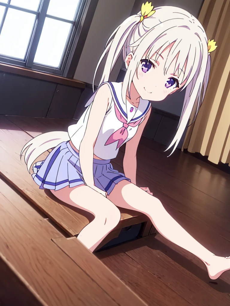 Elementary school girl, , A cup breasts, white hair, long hair, purple eyes, smiling face(one person) Pink sleeveless top Black mini skirt and white panties((I can see her panties)) Barefoot Girls Room Sitting on the floor Dynamic angle Low angle nekomimi