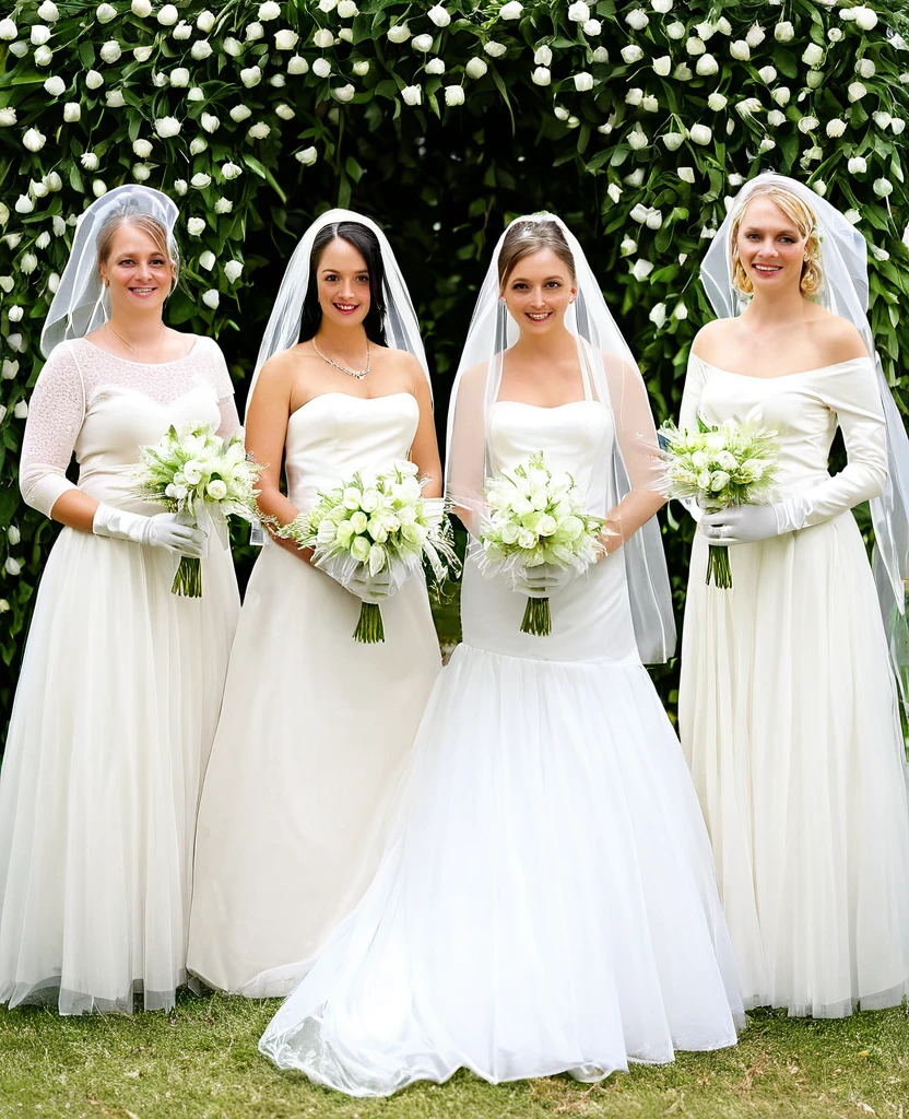 5 brides in veils and garlands with white gloves