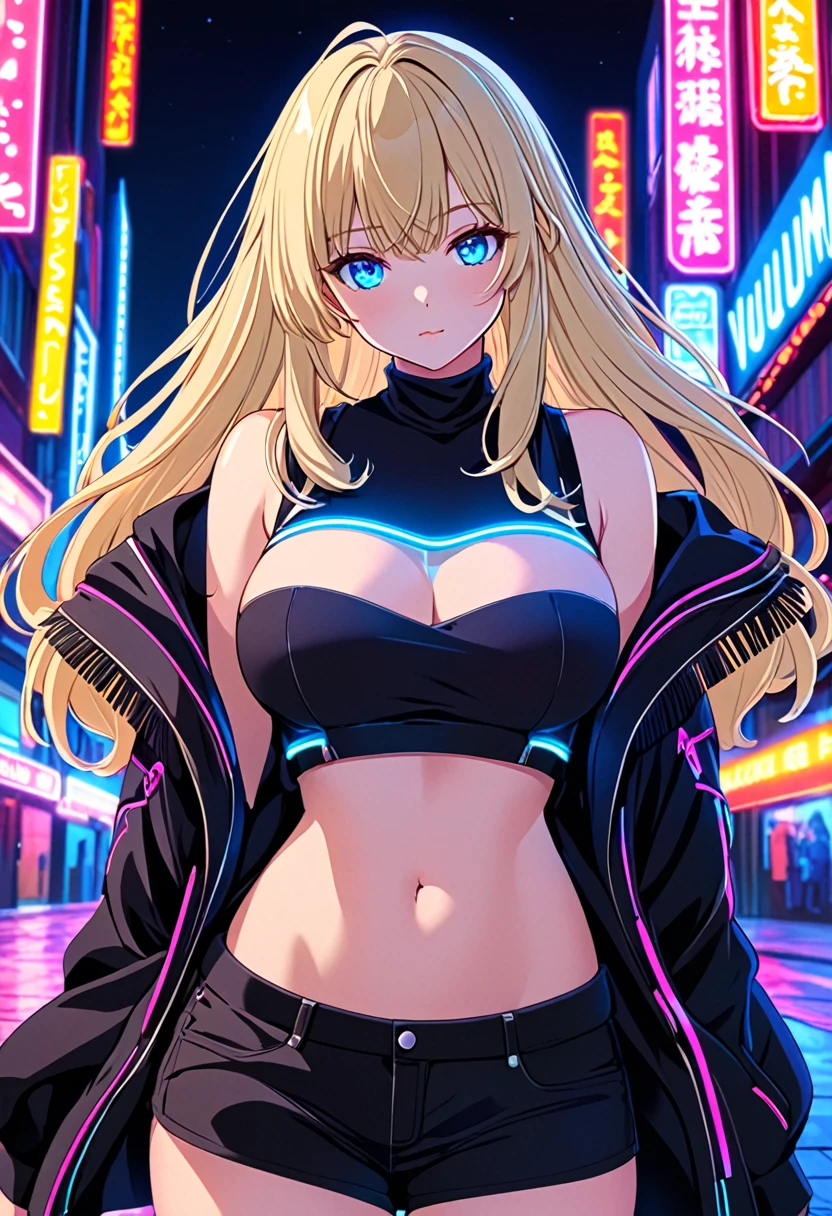 Anime girl, blonde hair, fringe reparted in three parts, long and waivy hair, light and bright blue eyes, black simple and cute clothes, volumous chest, neon city background, neon lighting