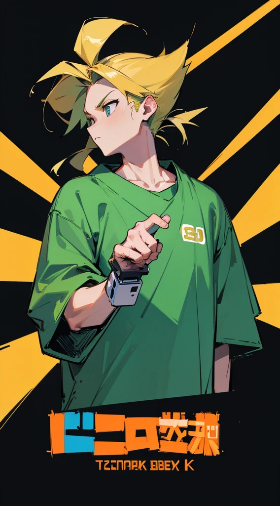 Top Quality, 8K, 4K, High Definition, Detail, (better-quality, 8K, 12), top-quality, T-shirt design, gamboy, Japanese words around the gameboy, black background,