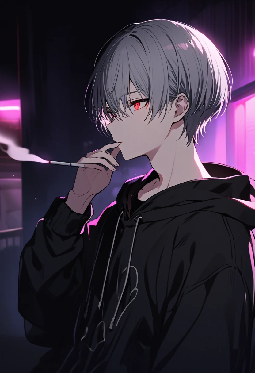 good looking, alone, 1 male, Gray Hair, Red eyes, Black Shirt, Black and white hooded, smoking, night, Black light,Cute eyes,Short hairstyle,A cute boy