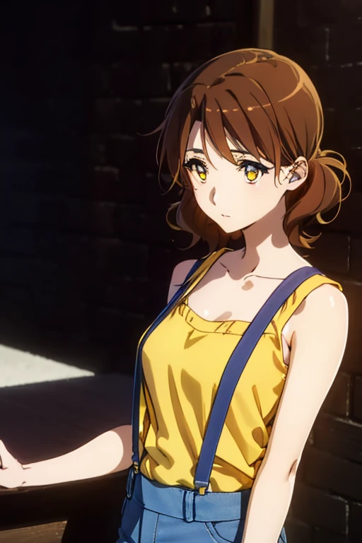 grown-up oumae kumiko oumaekumiko (amber eyes:1.7), ((short wavy brown hair ), (flat chest:1.2),stretching, arms raised up, waking up to a beautiful Tokyo nightscape, BREAK collarbone, wearing Misty's outfit ((yellow cropped shirt, red suspenders and denim pants)), bare arms, bare shoulders, bare legs, twenty-year old woman BREAK looking at viewer, BREAK outdoors, standing on a building watching the city at night, BREAK (masterpiece:1.2), best quality, high resolution, unity 8k wallpaper, (illustration:0.8), (beautiful detailed eyes:1.6), extremely detailed face, perfect lighting, extremely detailed CG, (perfect hands, perfect anatomy), full body shot