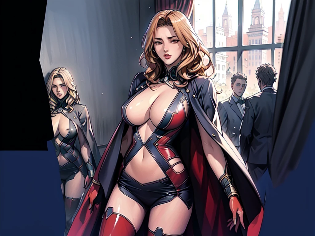 1girl,Alicia Viewsrtream, blonde hair, wavy hair, long hair, red eyes,red lips,red impossible clothes,red elbow gloves,red thigh boots,cape,incredibly absurdres,thighs,realistic,reality,hetero, best quality:1.4, intricate details, sharp focus, highres, elaborate atmosphere:0.90, 8K, 4K, UHD, 32k UHD resolution, Ultra Detailed 8K CG, ultra high res, High quality texture, High quality shadows, vivid colors, detailed eyes, depth of field, soft lighting, masterpiece, best quality, intricate, (lens reflection: 0.7), (flowering: 0.7), particle effects, ray tracing, tone mapping, highly detailed, concept art, smooth, sharp focus, dramatic lighting, highly detailed art, trending on Artstation, 8K, amazing shadows, realistic, (highly detailed background: 1.2), oda non style, palace, luxury, interiors, windows,