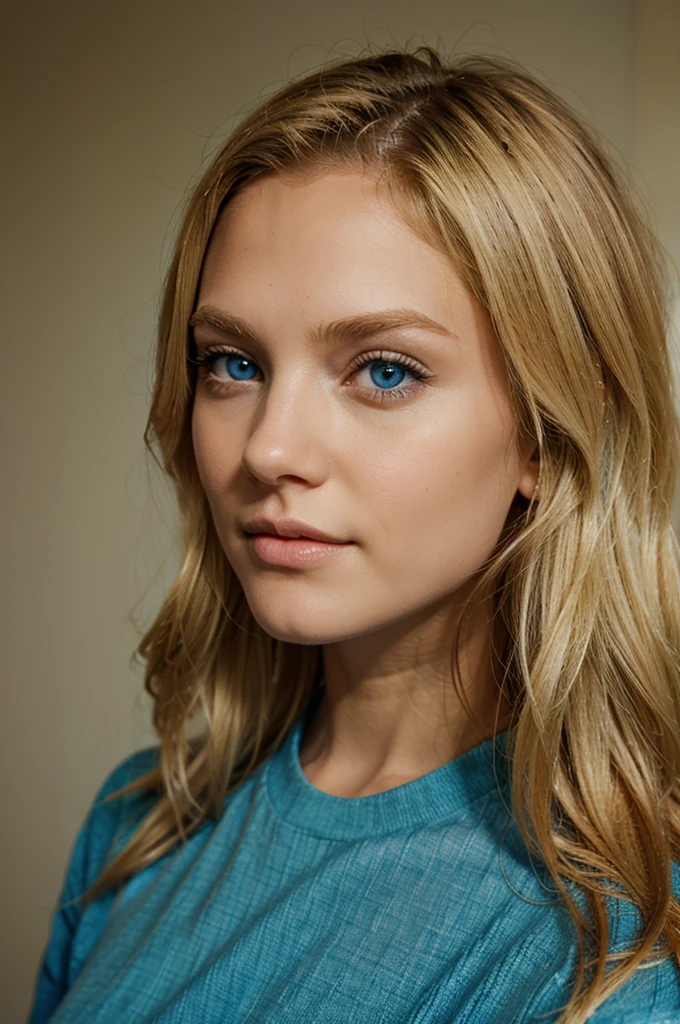 A realistic full body image of an European woman, age 30, with messy hair and blonde highlights, boasts beautiful blue eyes and an exquisite face. wearing a brown long skirt and white shirt with an open collar, the high quality image captures every intricate detail of her. Her eyes radiate charm and allure, as the image showcases their beauty. The image presents a clear focus. The blonde highlights catch the light, adding a luminous glow to her disheveled yet alluring hair.