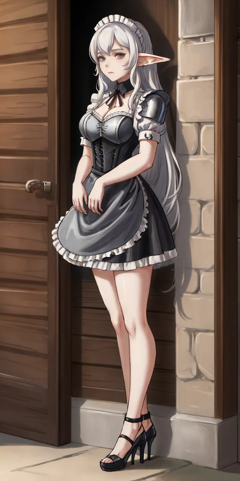 female, standing, right, long_hair, disordered_hair, white_hair, maid in armor, metallic high heels, drow elf