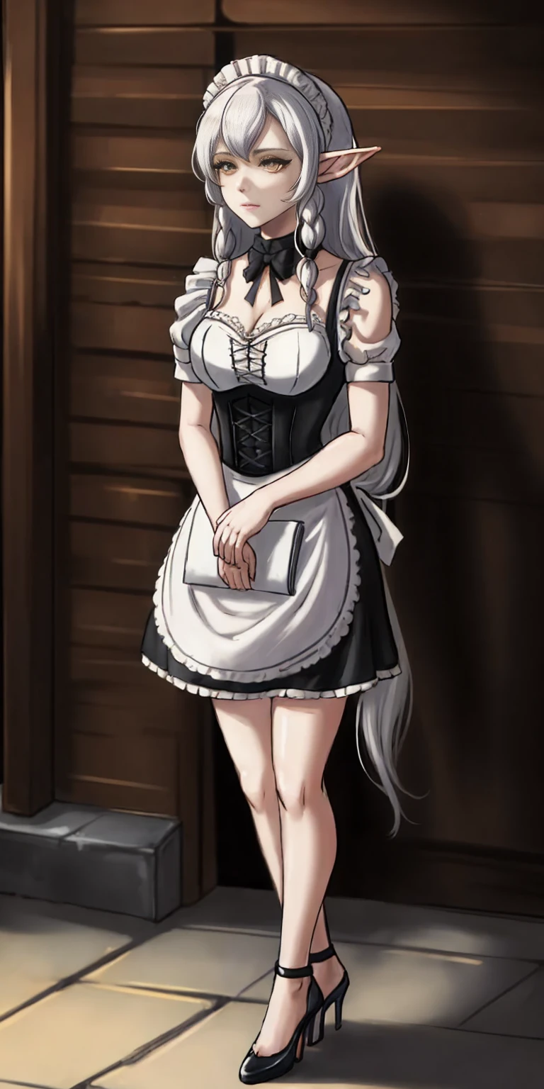 female, standing, right, long_hair, disordered_hair, white_hair, maid in armor, metallic high heels, drow elf