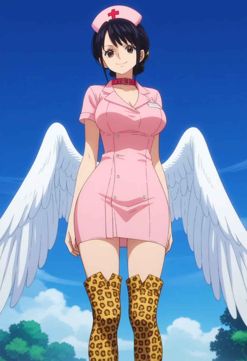 score_9, score_8_up, score_7_up, best quality, masterpiece, source_anime, anime screencap, one_piece_wano_style, clear face, 1girl, solo, black hair, middle short hair, brown eyes, large breasts,White wings on her back, cook dress, Yellow chef neck tie, one-piece dress, clevage, outdoor, smile, looking at viewer, thigh high boots,