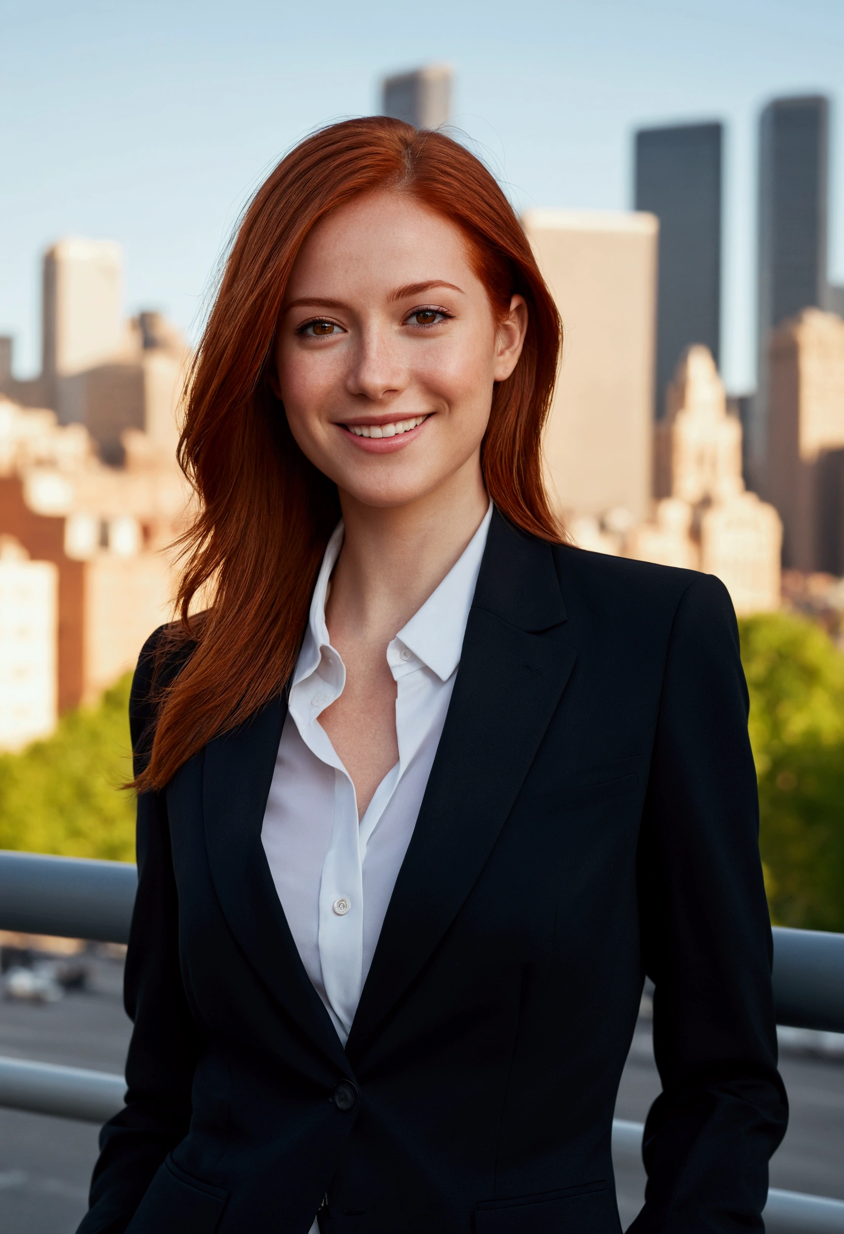 stilo pixar, parade ,natural portrait,Brown eyes, stunning,skin fair,straight red hair,business woman,formal black suit,beautiful face,Delicate features,charmer smile,confident posture,Illuminated by the soft light of day,city skyline background,Shadows holding clothes