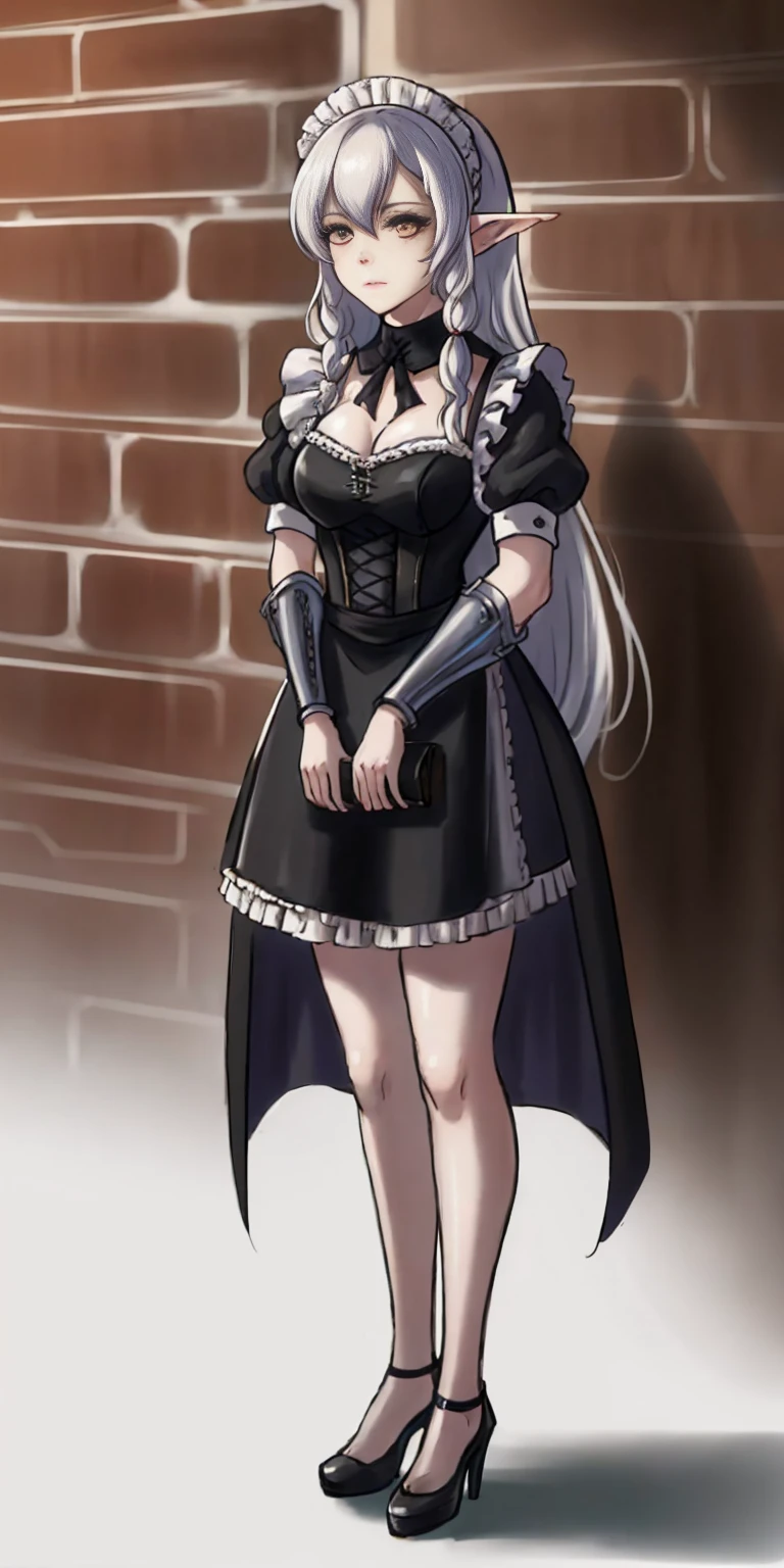 female, standing, right, long_hair, disordered_hair, white_hair, maid in armor, metallic high heels, drow elf