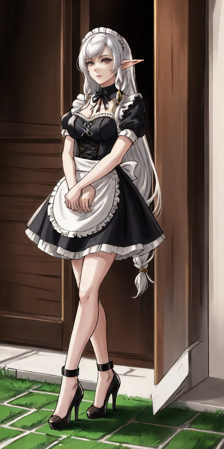 female, standing, right, long_hair, disordered_hair, white_hair, maid in armor, metallic high heels, drow elf