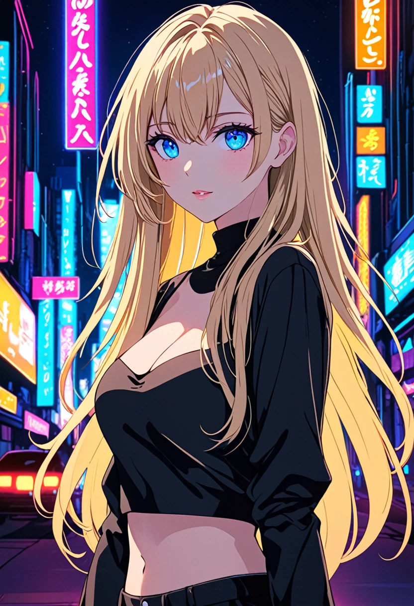 Anime young woman, blonde hair, fringe reparted in three parts, long and waivy hair, light and bright blue eyes, black simple and cute clothes, volumous chest, neon city background, neon lighting