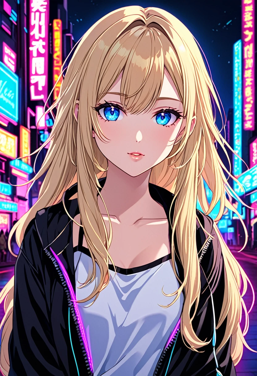 Anime young woman, blonde hair, fringe reparted in three parts, long and waivy hair, light and bright blue eyes, black simple and cute clothes, volumous chest, neon city background, neon lighting