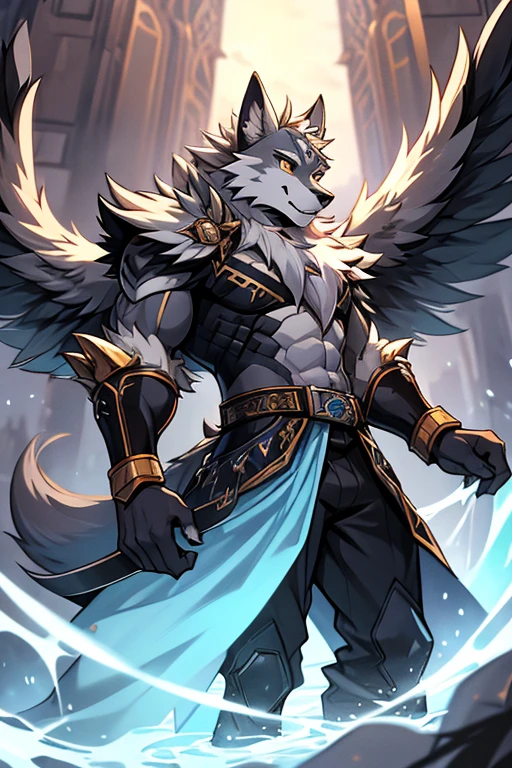 solo, Male, 16, wolf, grayish-blue fur, dark gray markings, amber eyes, light blue sectoral heterochromia, leathery wings, pale gray to light brown, lycan royalty, wolf ears, sharp canines, thin muscular build, predator's grace, tutelage, battle-prepared, royal heritage, honor, dignity, fiercely protective, eternal optimist, dry humor, aloof exterior, gentle nature, enigma, silent guardian, cross-dimensional friendship