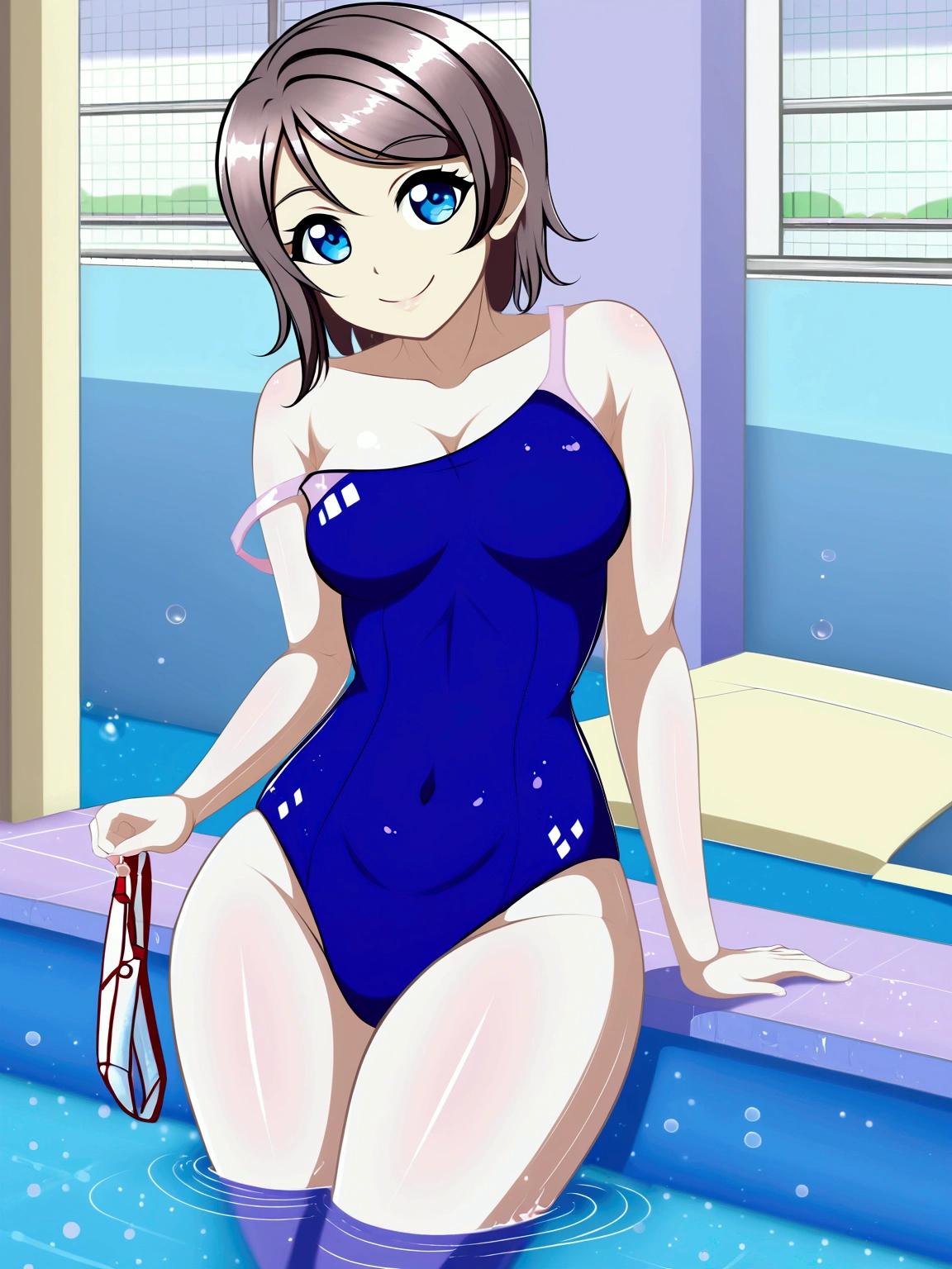 (Masterpiece), 8k wallpaper, solo, realistic art,Watanabe you, standing, facing viewer,school hallway, strap slip,one-piece swimsuit,low cut at hips, blue eyes, beautiful detailed face and eyes, half body inside pool , looking away,wet, (shiny water drops:1.2), smile 