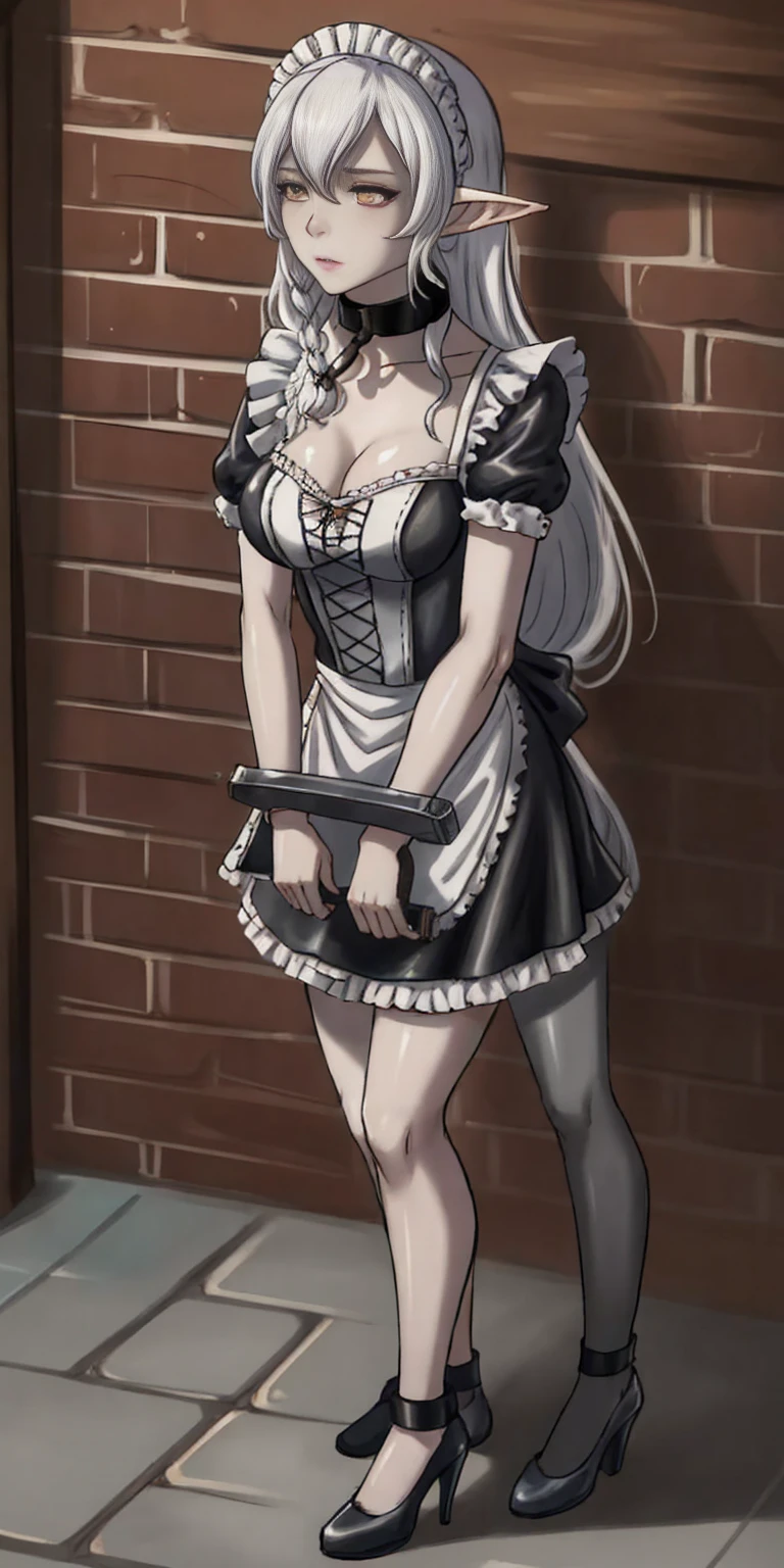 female, standing, right, long_hair, disordered_hair, white_hair, maid in armor, metallic high heels, drow elf, grey skin, sex slave, black leather choker collar, bracers