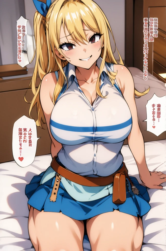 masterpiece, best quality, highres, lucy heartfilia, blonde hair, long hair, large breasts, white shirt, sleeveless, belt, blue skirt, on bed,wariza