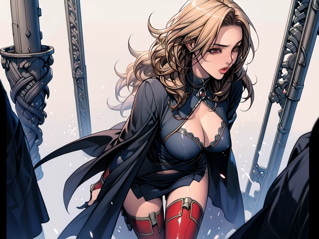 1girl,Alicia Viewsrtream, blonde hair, wavy hair, long hair, red eyes,red lips,red impossible clothes,red elbow gloves,red thigh boots,cape,incredibly absurdres,thighs,realistic,reality,hetero, best quality:1.4, intricate details, sharp focus, highres, elaborate atmosphere:0.90, 8K, 4K, UHD, 32k UHD resolution, Ultra Detailed 8K CG, ultra high res, High quality texture, High quality shadows, vivid colors, detailed eyes, depth of field, soft lighting, masterpiece, best quality, intricate, (lens reflection: 0.7), (flowering: 0.7), particle effects, ray tracing, tone mapping, highly detailed, concept art, smooth, sharp focus, dramatic lighting, highly detailed art,  trending on Artstation, 8K, amazing shadows, realistic, (highly detailed background: 1.2), oda non style, palace, luxury, interiors, windows,