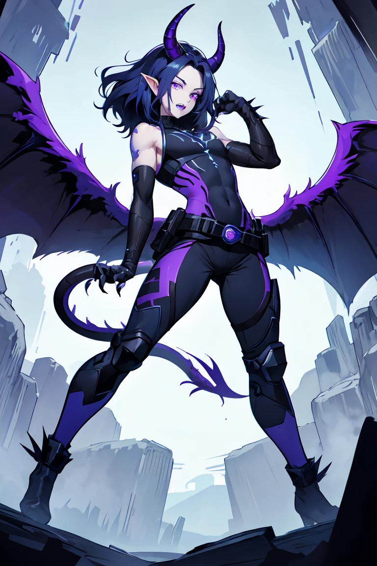 1. Light skinned woman 2. Long spiky navy blue hair/dark 3. lips painted blue and purple 4. Purple eyes 5. Attractive clothing with technological implants whose predominant colors are Blue and Purple (Example Alita from Battle Angel) 6. wears dark blue boots 7. He has blue gloves 8. Both his arms and legs are uncovered., that is to say, his technological combat suit only covers his torso, waist and chest, the elbows, arms and legs are uncovered.1. 3 eyes 2. It has a total of 6 horns, 2 large main ones located in the two upper corners of its forehead, and two other small horns located on both sides, that is to say, each main crow has another small horn on each side 3. Increases your body size and muscles 4. sharp teeth, with one I came long as a snake 5. The tongue is purple 6. His ears transform into a dark elf shape 7. Your skin turns gray 8. Claws come out of his hands 9. Gets wings similar to Maleficent 10&#39;s. Its main colors purple and black