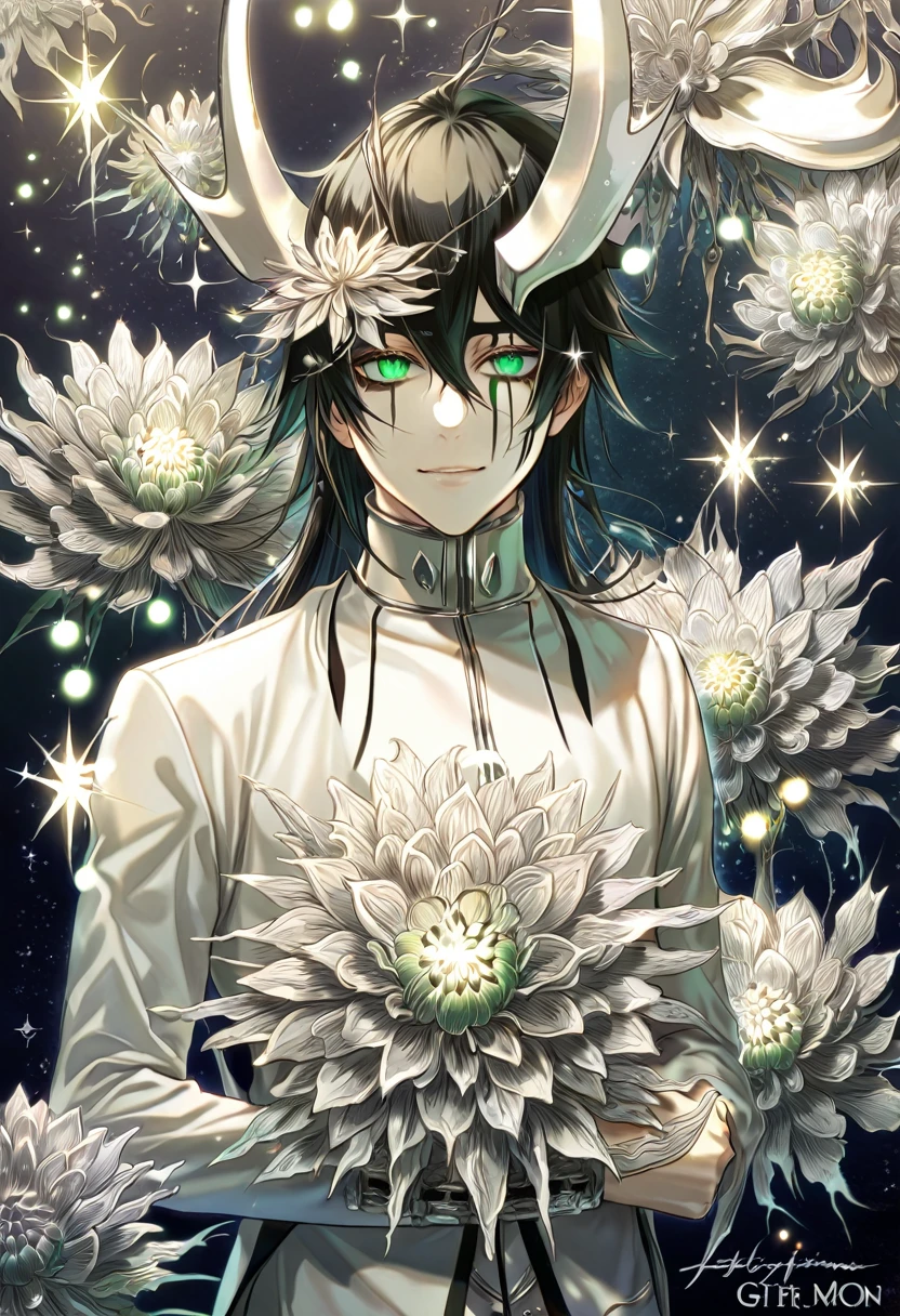 absurdres, highres, ultra detailed, HDR, master piece, best quality, extremely detailed, Ulquiorra Cifer, black hair, expressive green eyes, Bleach, solo, sexy man, handsome, smile, pale skin, arrancar white clothes, fantasy, water, sparkling, silver glittering fireflies, silver moon, silver blossoms, silver chrysanthemums, silver sparkling lights, starry sky, magical