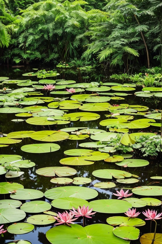 trees and plants surround a pond in a tropical setting, a picture by Josh Bayer, pexels, visual art, lily pads, incredibly beautiful, green lily pads, waterlily pond, waterlily pads, pond with frogs and lilypads, 🌻🎹🎼, ❤🔥🍄🌪, lily pad, verdant and lush and overgrown, landscape is lush