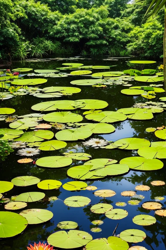 trees and plants surround a pond in a tropical setting, a picture by Josh Bayer, pexels, visual art, lily pads, incredibly beautiful, green lily pads, waterlily pond, waterlily pads, pond with frogs and lilypads, 🌻🎹🎼, ❤🔥🍄🌪, lily pad, verdant and lush and overgrown, landscape is lush