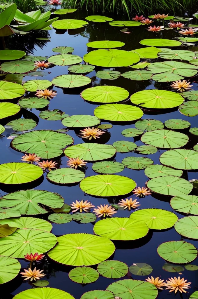 trees and plants surround a pond in a tropical setting, a picture by Josh Bayer, pexels, visual art, lily pads, incredibly beautiful, green lily pads, waterlily pond, waterlily pads, pond with frogs and lilypads, 🌻🎹🎼, ❤🔥🍄🌪, lily pad, verdant and lush and overgrown, landscape is lush