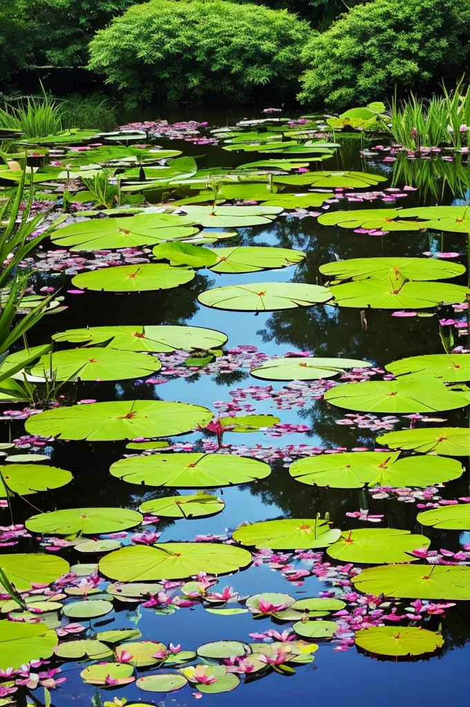 trees and plants surround a pond in a tropical setting, a picture by Josh Bayer, pexels, visual art, lily pads, incredibly beautiful, green lily pads, waterlily pond, waterlily pads, pond with frogs and lilypads, 🌻🎹🎼, ❤🔥🍄🌪, lily pad, verdant and lush and overgrown, landscape is lush