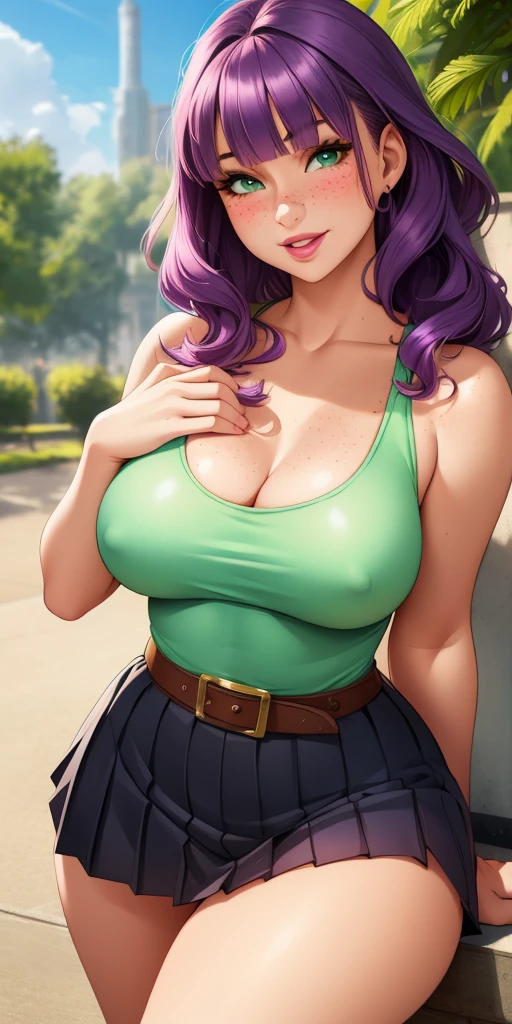 Beautiful medium breasts, 1girl, ((purple hair, wavy hair with bangs)) ((beautiful girl)) light green eyes, has an beautiful sensual body with freckles, with full breasts and thin waist, HIP HOP Beautiful and cute Beautiful black tank top, long pleated skirt with women's belt, fabric delicate, has a bold appearance. young, quality, realistic, best quality, cute expression, pink lipstick lips, sexy smile, leaning, In the beautiful romantic park