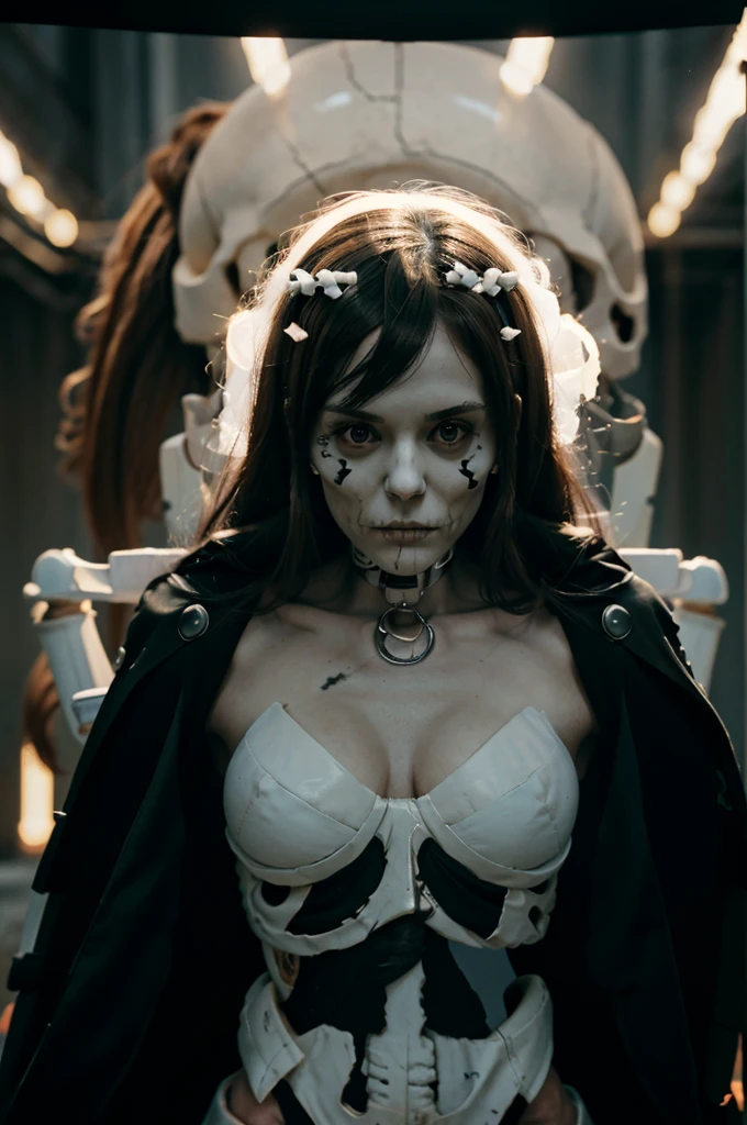 Bones anime woman,skeleton woman,woman made from white bones and skull,high resolution, 8k,looking at the viewer, ultrasharp, masterpiece, only 1 girl,she stands in the center of the screen,looking at you,